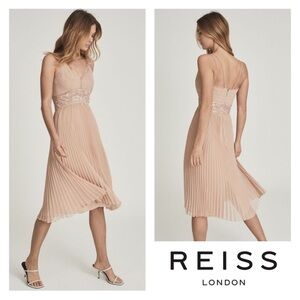 New! REISS Emma Pleated Lace Panel Midi Dress in Blush Nude